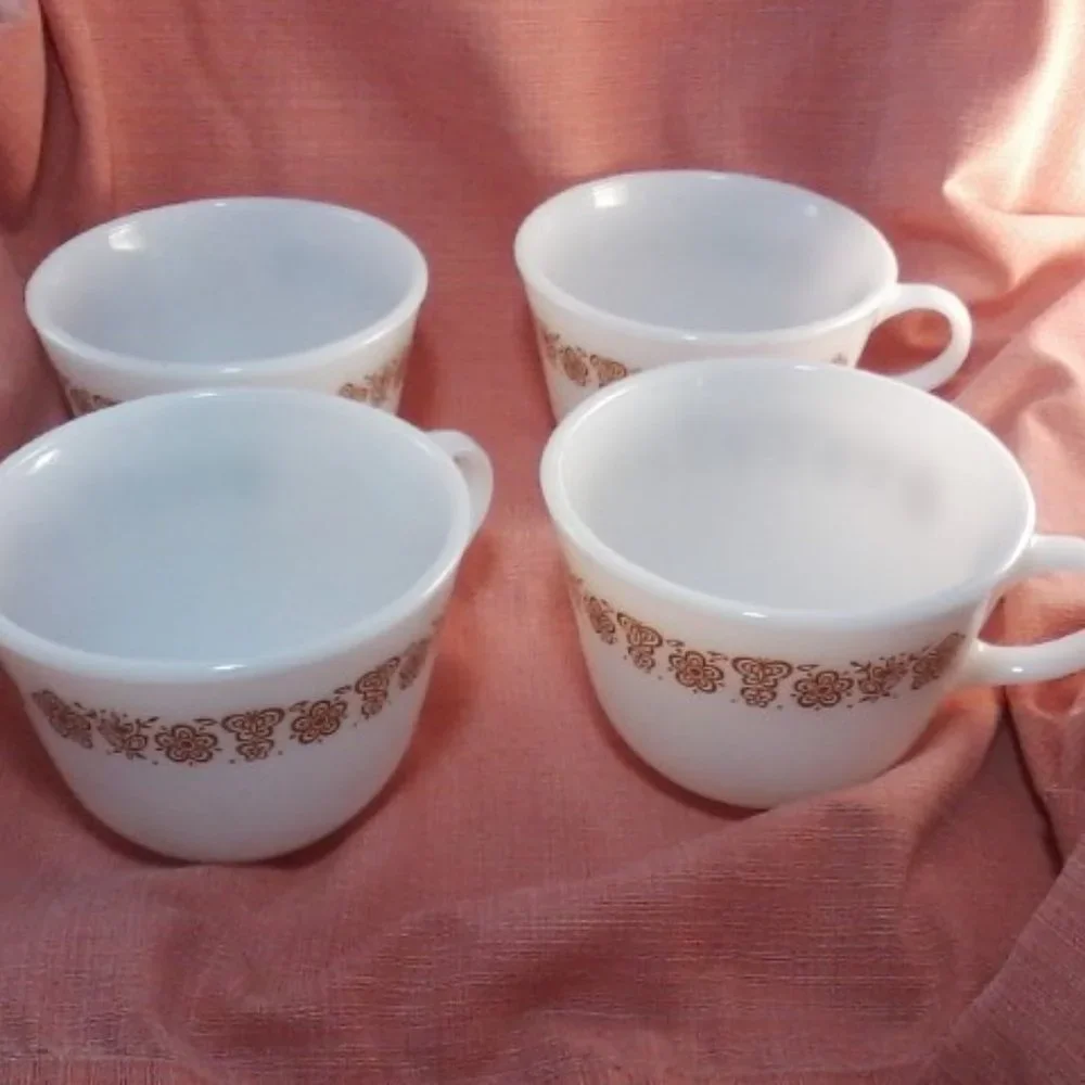 Four Vintage Pyrex gold butterfly teacups white milk glass